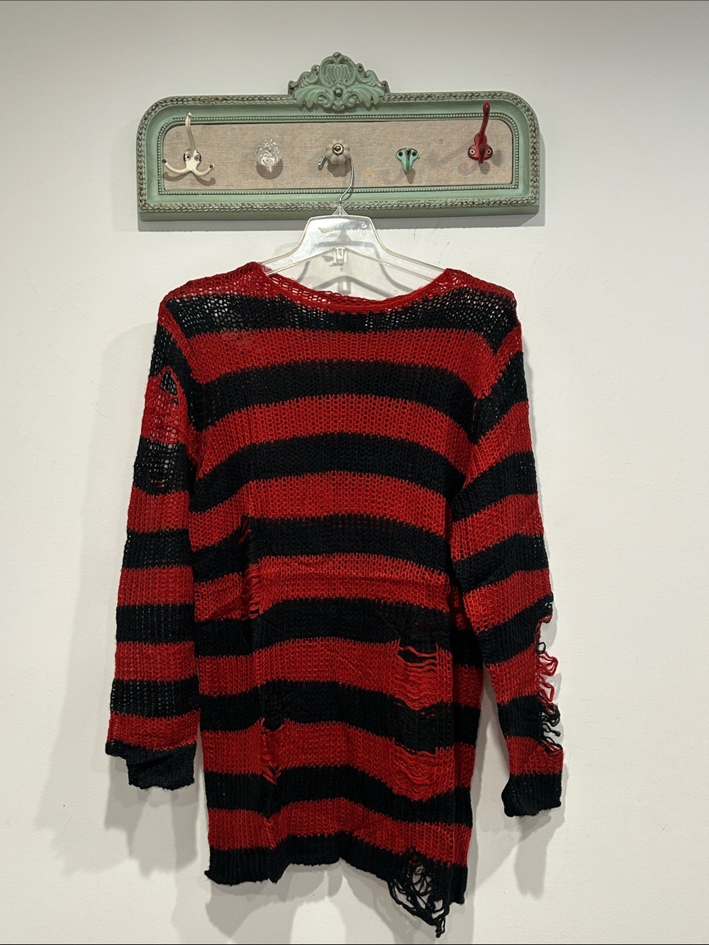 Killstar Red Black Striped Distressed Freddy Knit long Sweater medium oversized